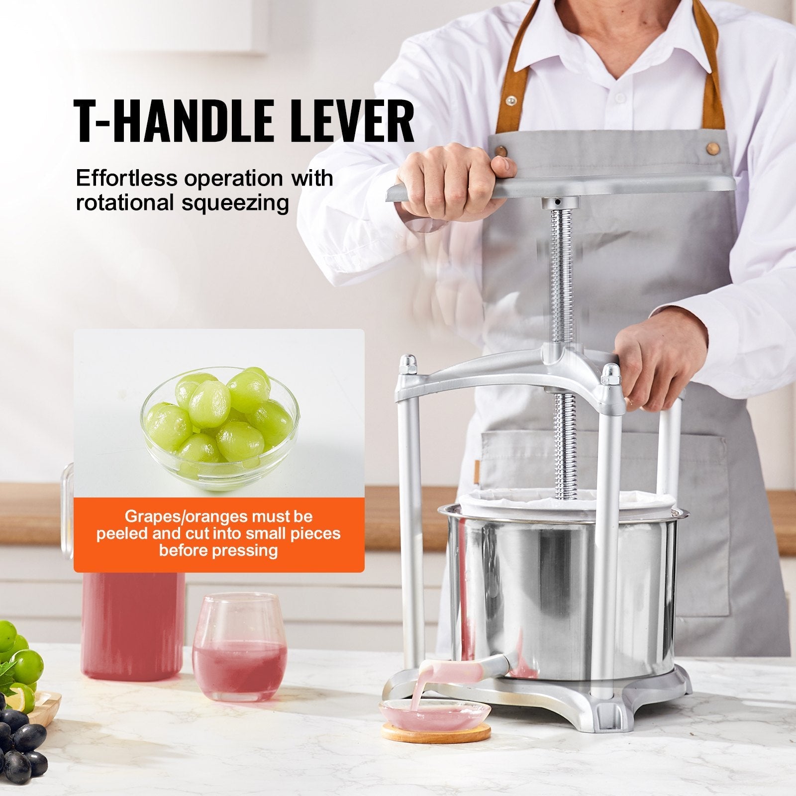 VEVOR Fruit Wine Press, 1.6 Gallon/6L, 2 Stainless Steel Barrels, Manual Juice Maker, Cider Apple Grape Tincture Vegetables Honey Olive Oil Making Press with T-Handle, Triangular Structure for Kitchen 