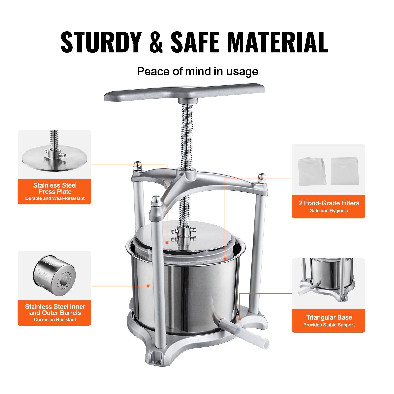 VEVOR Fruit Wine Press, 1.6 Gallon/6L, 2 Stainless Steel Barrels, Manual Juice Maker, Cider Apple Grape Tincture Vegetables Honey Olive Oil Making Press with T-Handle, Triangular Structure for Kitchen 
