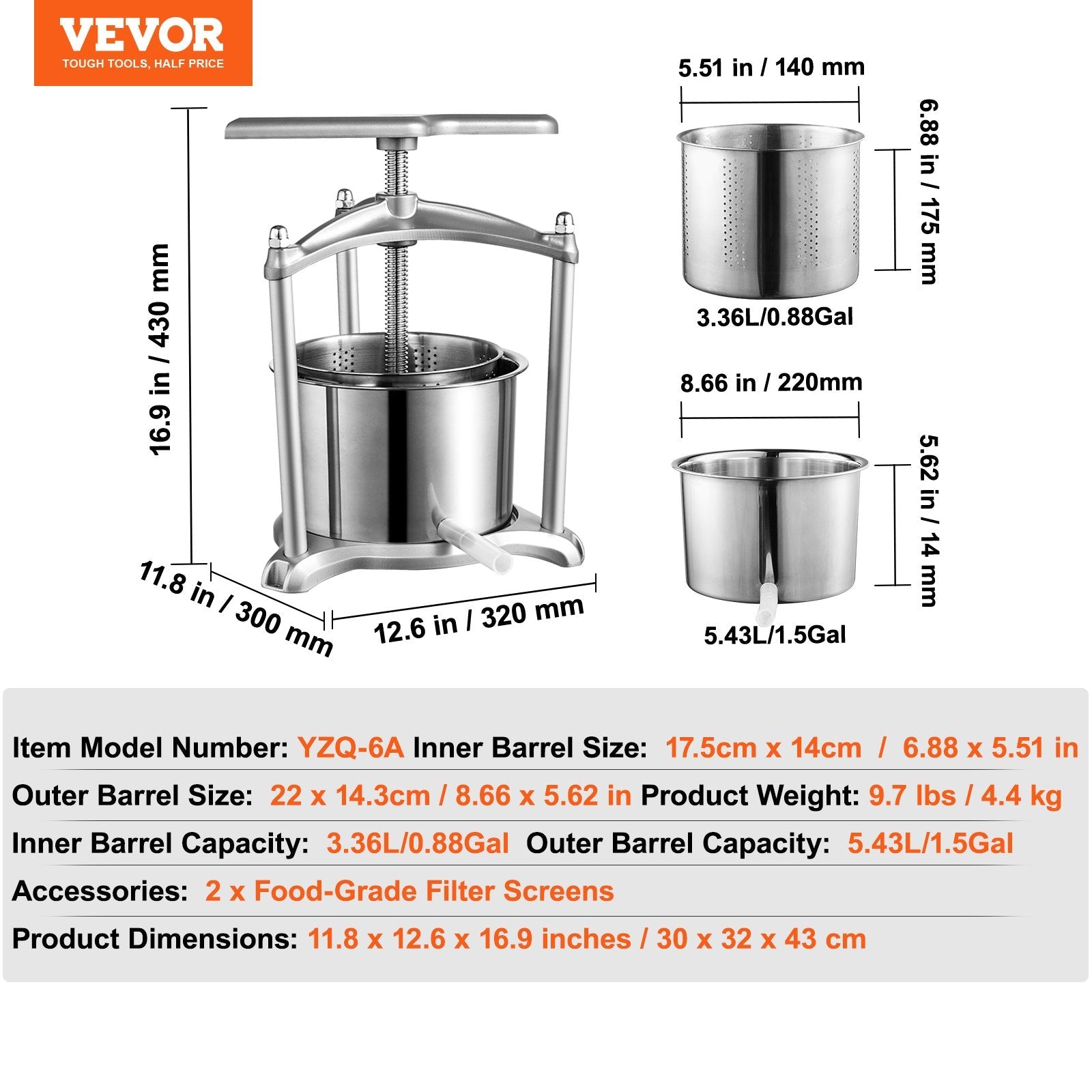 VEVOR Fruit Wine Press, 1.6 Gallon/6L, 2 Stainless Steel Barrels, Manual Juice Maker, Cider Apple Grape Tincture Vegetables Honey Olive Oil Making Press with T-Handle, Triangular Structure for Kitchen 