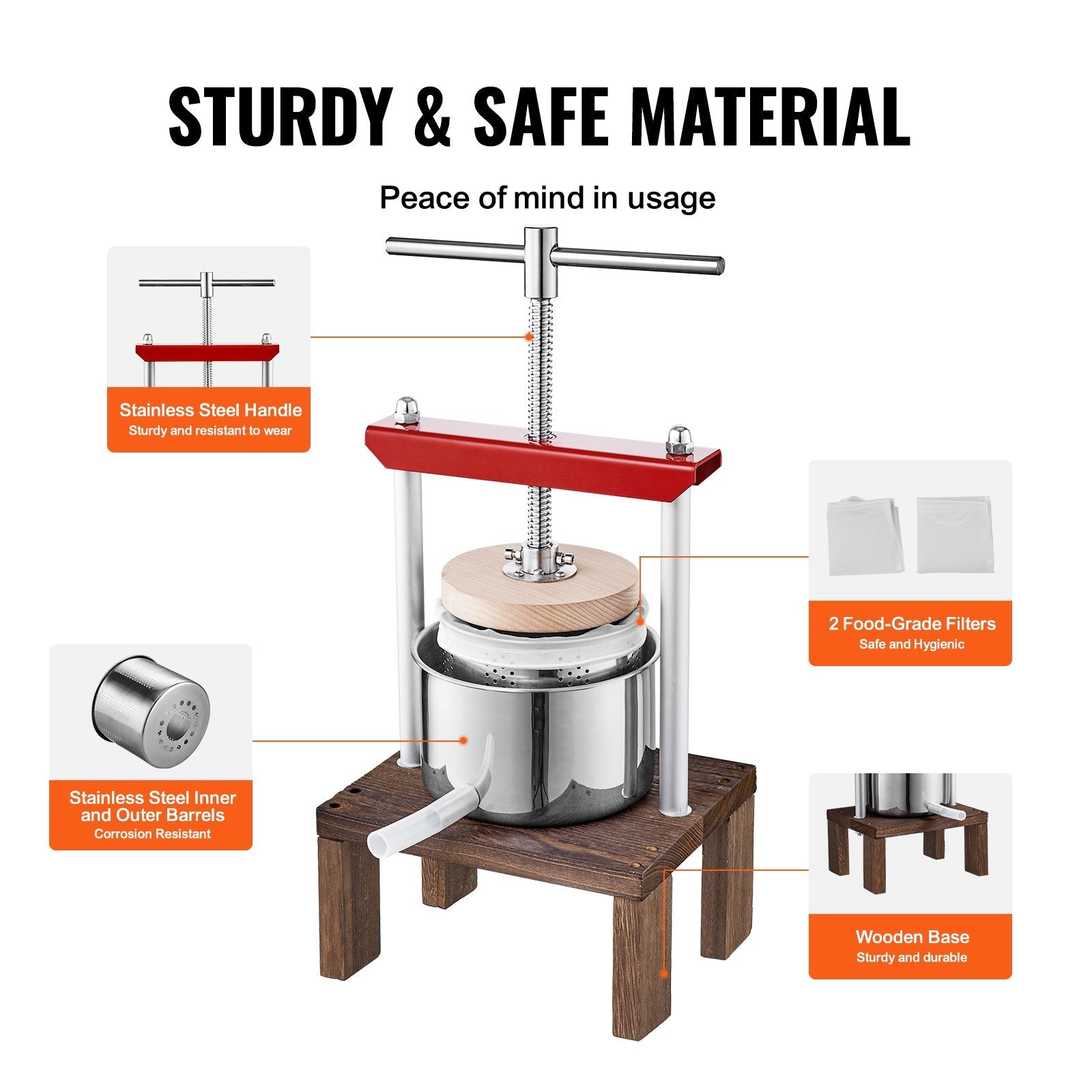 VEVOR Fruit Wine Press, 0.53 Gallon/2L, 2 Stainless Steel Barrels, Manual Juice Maker, Cider Apple Grape Tincture Vegetables Honey Olive Oil Making Press with T-Handle & Stable Base for Kitchen, Home 