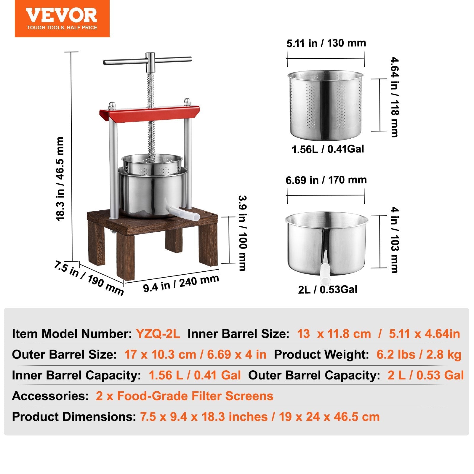 VEVOR Fruit Wine Press, 0.53 Gallon/2L, 2 Stainless Steel Barrels, Manual Juice Maker, Cider Apple Grape Tincture Vegetables Honey Olive Oil Making Press with T-Handle & Stable Base for Kitchen, Home 