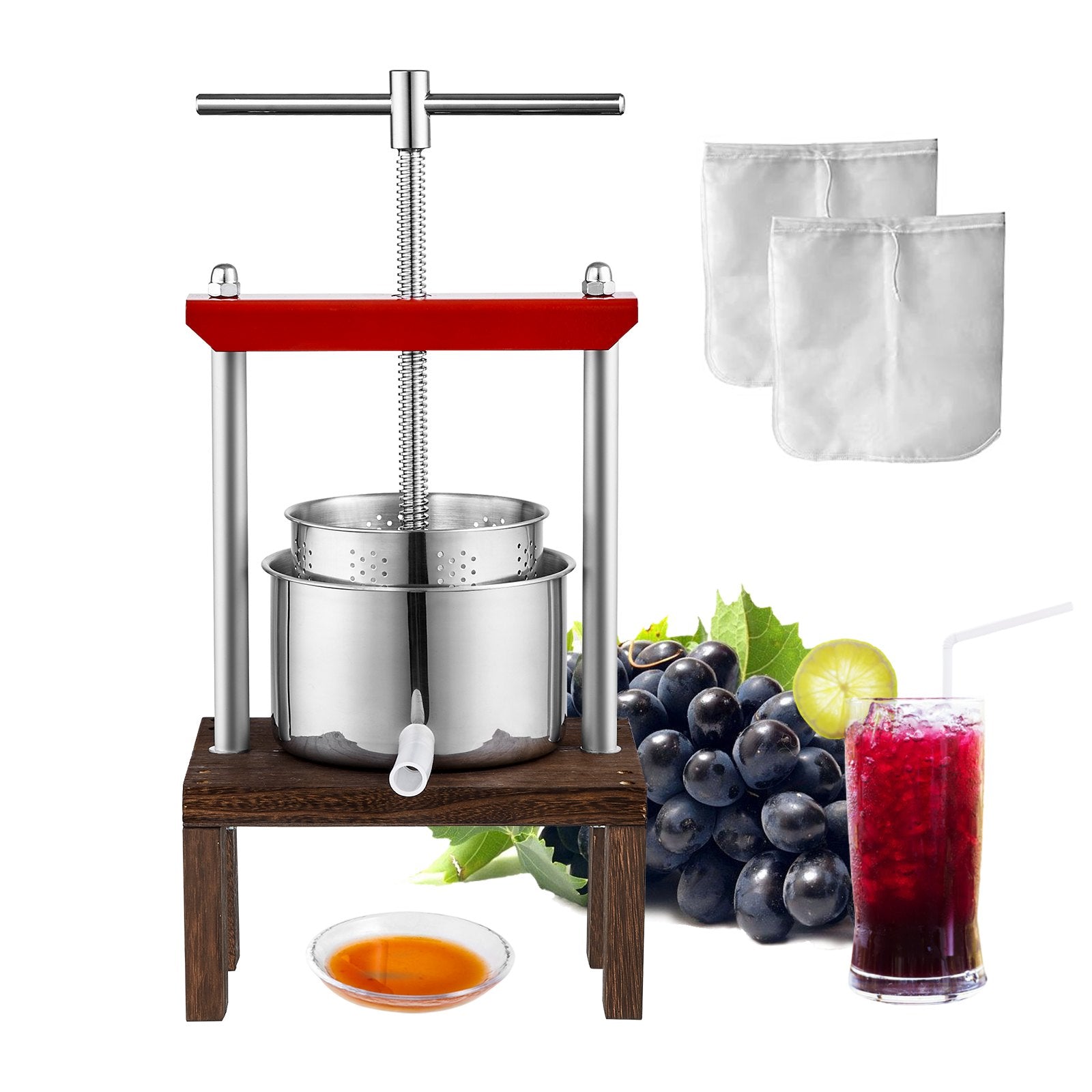 VEVOR Fruit Wine Press, 0.53 Gallon/2L, 2 Stainless Steel Barrels, Manual Juice Maker, Cider Apple Grape Tincture Vegetables Honey Olive Oil Making Press with T-Handle & Stable Base for Kitchen, Home 