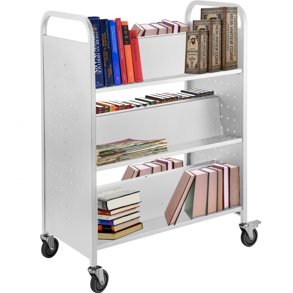 VEVOR 200LBS Book Cart, Library Cart 30x14x45 Inch, Rolling Book Cart Double Sided W-Shaped Sloped Shelves with 4-Inch Lockable Wheels, for Home Shelves Office and School Book Truck in White 