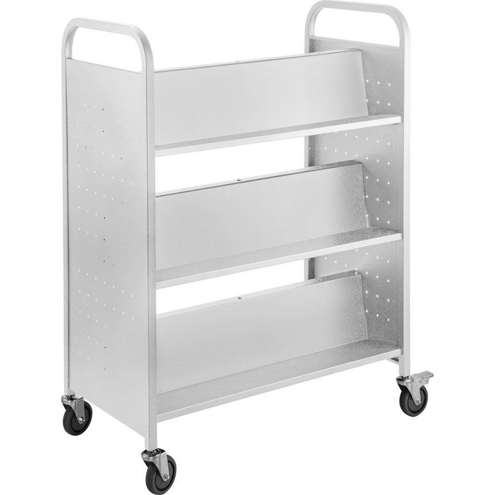 VEVOR 200LBS Book Cart, Library Cart 30x14x45 Inch, Rolling Book Cart Double Sided W-Shaped Sloped Shelves with 4-Inch Lockable Wheels, for Home Shelves Office and School Book Truck in White 