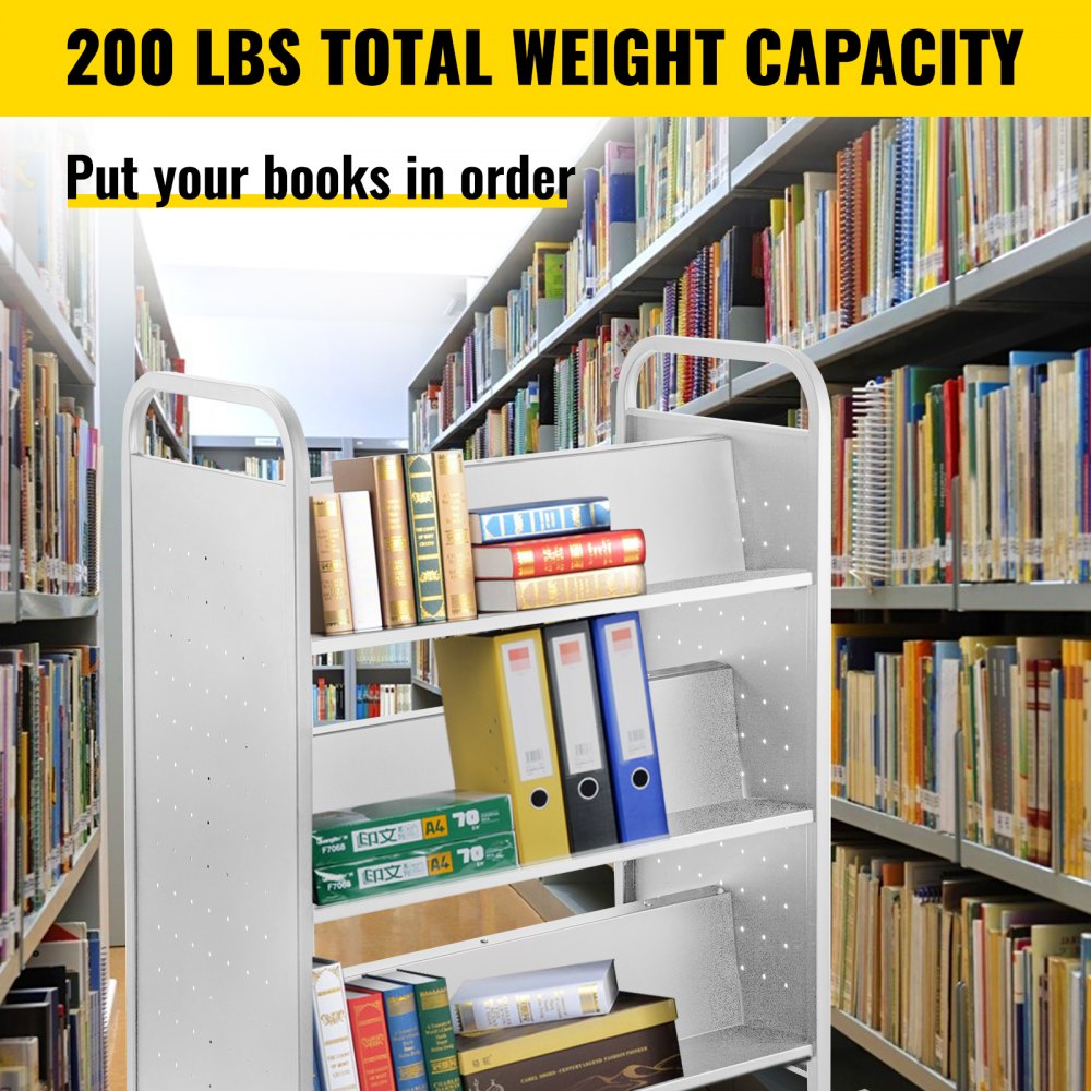 VEVOR 200LBS Book Cart, Library Cart 30x14x45 Inch, Rolling Book Cart Double Sided W-Shaped Sloped Shelves with 4-Inch Lockable Wheels, for Home Shelves Office and School Book Truck in White 