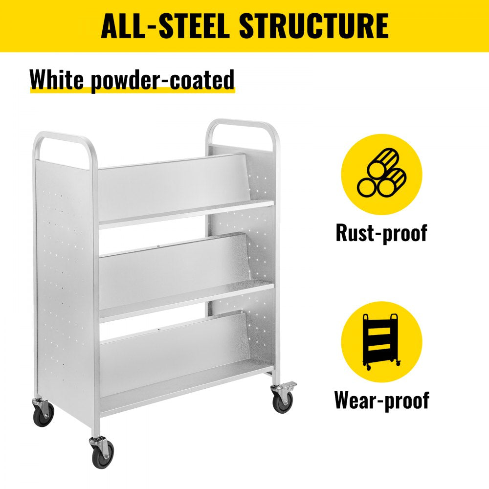 VEVOR 200LBS Book Cart, Library Cart 30x14x45 Inch, Rolling Book Cart Double Sided W-Shaped Sloped Shelves with 4-Inch Lockable Wheels, for Home Shelves Office and School Book Truck in White 