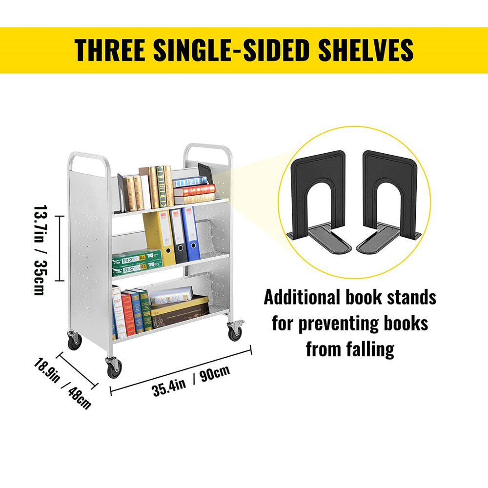 VEVOR 200LBS Book Cart, Library Cart 30x14x45 Inch, Rolling Book Cart Double Sided W-Shaped Sloped Shelves with 4-Inch Lockable Wheels, for Home Shelves Office and School Book Truck in White 