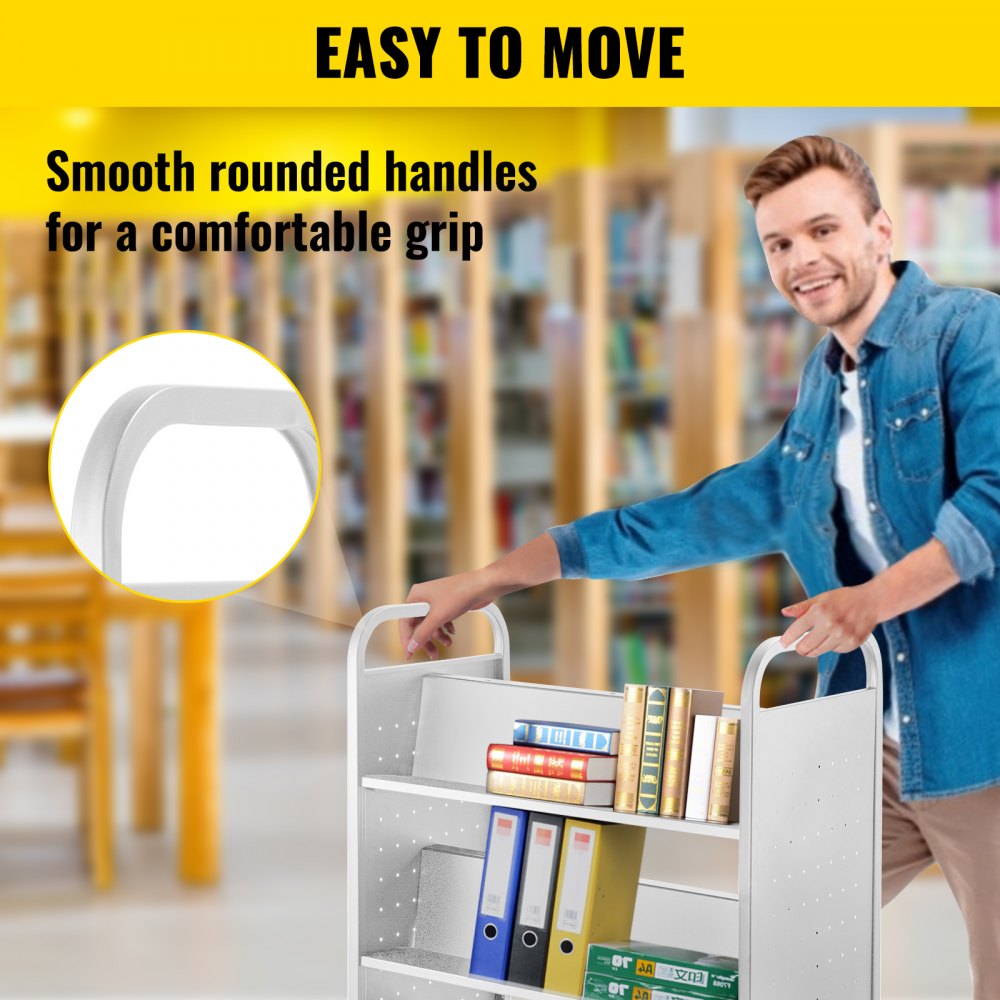 VEVOR 200LBS Book Cart, Library Cart 30x14x45 Inch, Rolling Book Cart Double Sided W-Shaped Sloped Shelves with 4-Inch Lockable Wheels, for Home Shelves Office and School Book Truck in White 