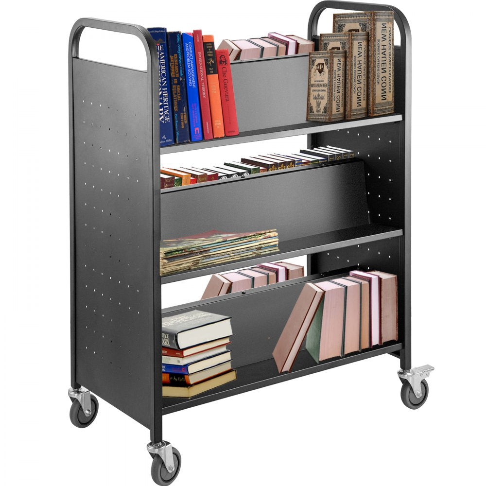 VEVOR 200LBS Book Cart, Library Cart 30x14x45 Inch, Rolling Book Cart Double Sided W-Shaped Sloped Shelves with 4 Inch Lockable Wheels, for Home Shelves Office and School Book Truck in Black 