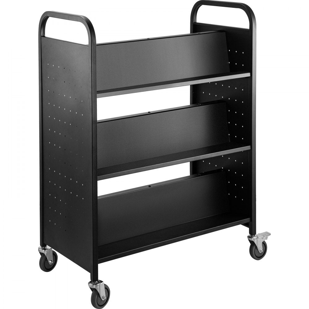 VEVOR 200LBS Book Cart, Library Cart 30x14x45 Inch, Rolling Book Cart Double Sided W-Shaped Sloped Shelves with 4 Inch Lockable Wheels, for Home Shelves Office and School Book Truck in Black 