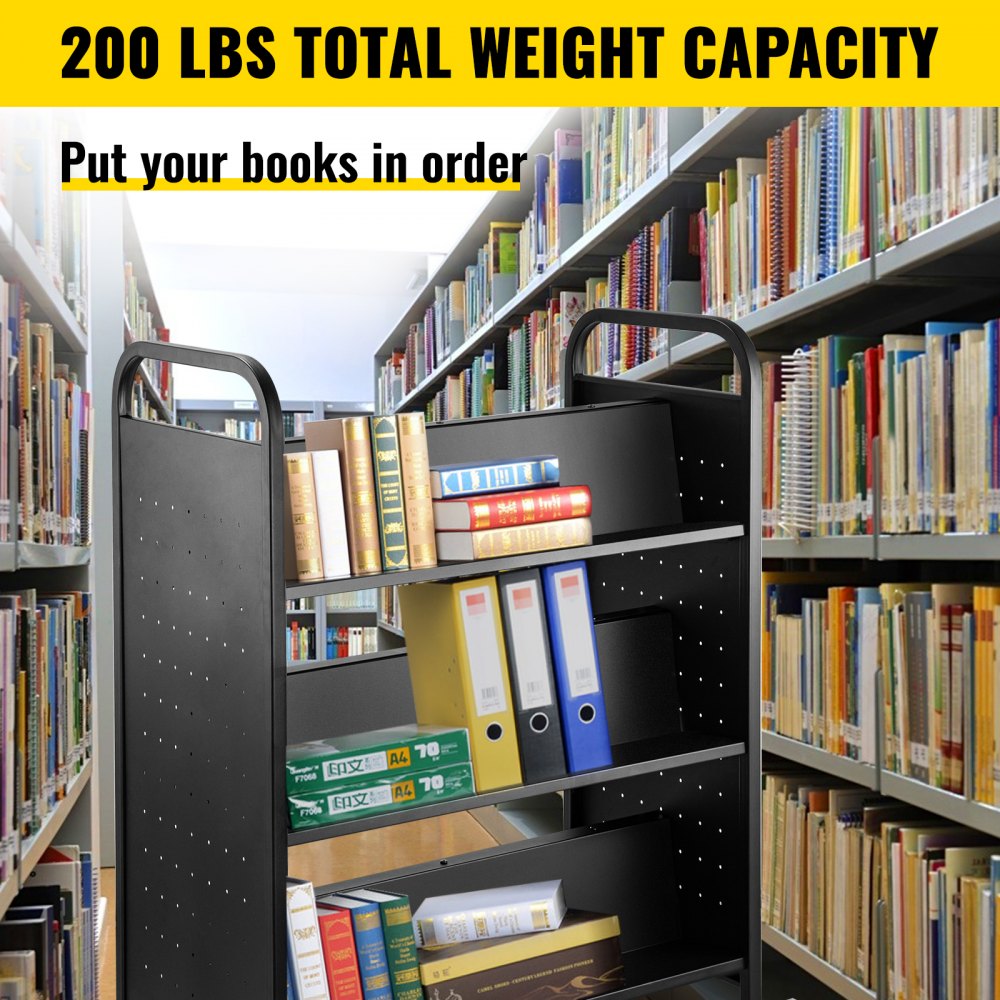 VEVOR 200LBS Book Cart, Library Cart 30x14x45 Inch, Rolling Book Cart Double Sided W-Shaped Sloped Shelves with 4 Inch Lockable Wheels, for Home Shelves Office and School Book Truck in Black 