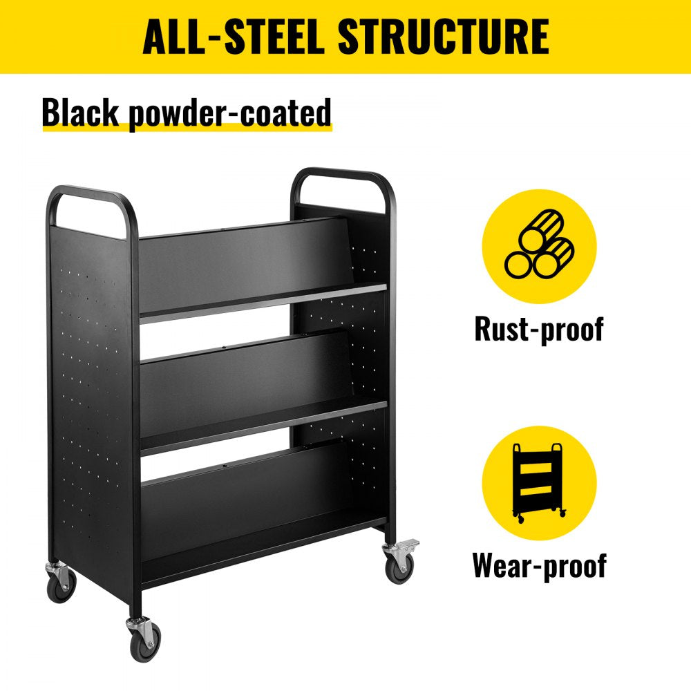 VEVOR 200LBS Book Cart, Library Cart 30x14x45 Inch, Rolling Book Cart Double Sided W-Shaped Sloped Shelves with 4 Inch Lockable Wheels, for Home Shelves Office and School Book Truck in Black 