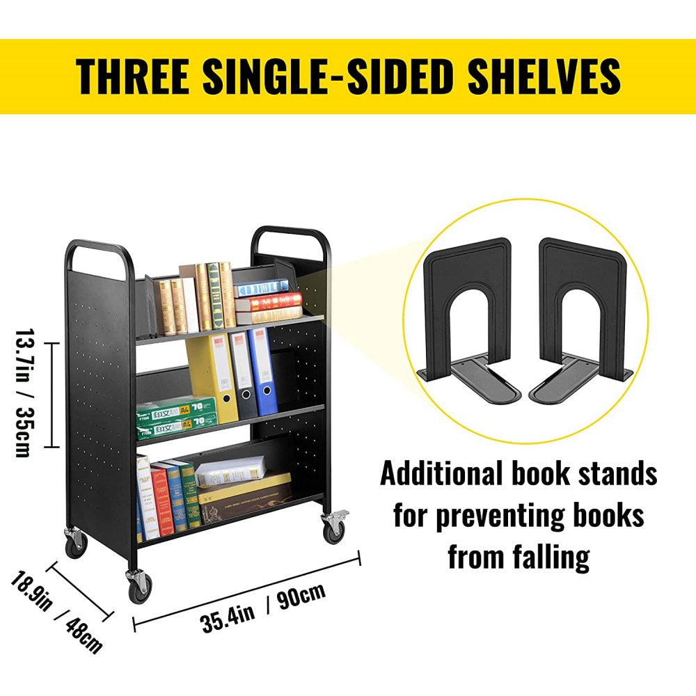 VEVOR 200LBS Book Cart, Library Cart 30x14x45 Inch, Rolling Book Cart Double Sided W-Shaped Sloped Shelves with 4 Inch Lockable Wheels, for Home Shelves Office and School Book Truck in Black 