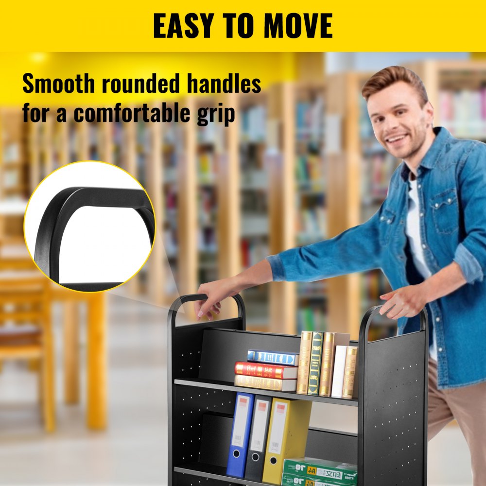 VEVOR 200LBS Book Cart, Library Cart 30x14x45 Inch, Rolling Book Cart Double Sided W-Shaped Sloped Shelves with 4 Inch Lockable Wheels, for Home Shelves Office and School Book Truck in Black 