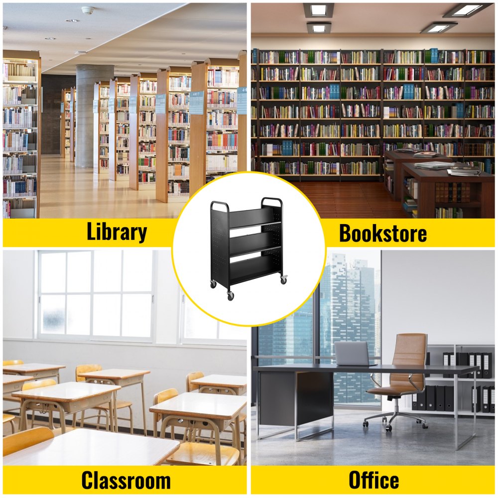 VEVOR 200LBS Book Cart, Library Cart 30x14x45 Inch, Rolling Book Cart Double Sided W-Shaped Sloped Shelves with 4 Inch Lockable Wheels, for Home Shelves Office and School Book Truck in Black 