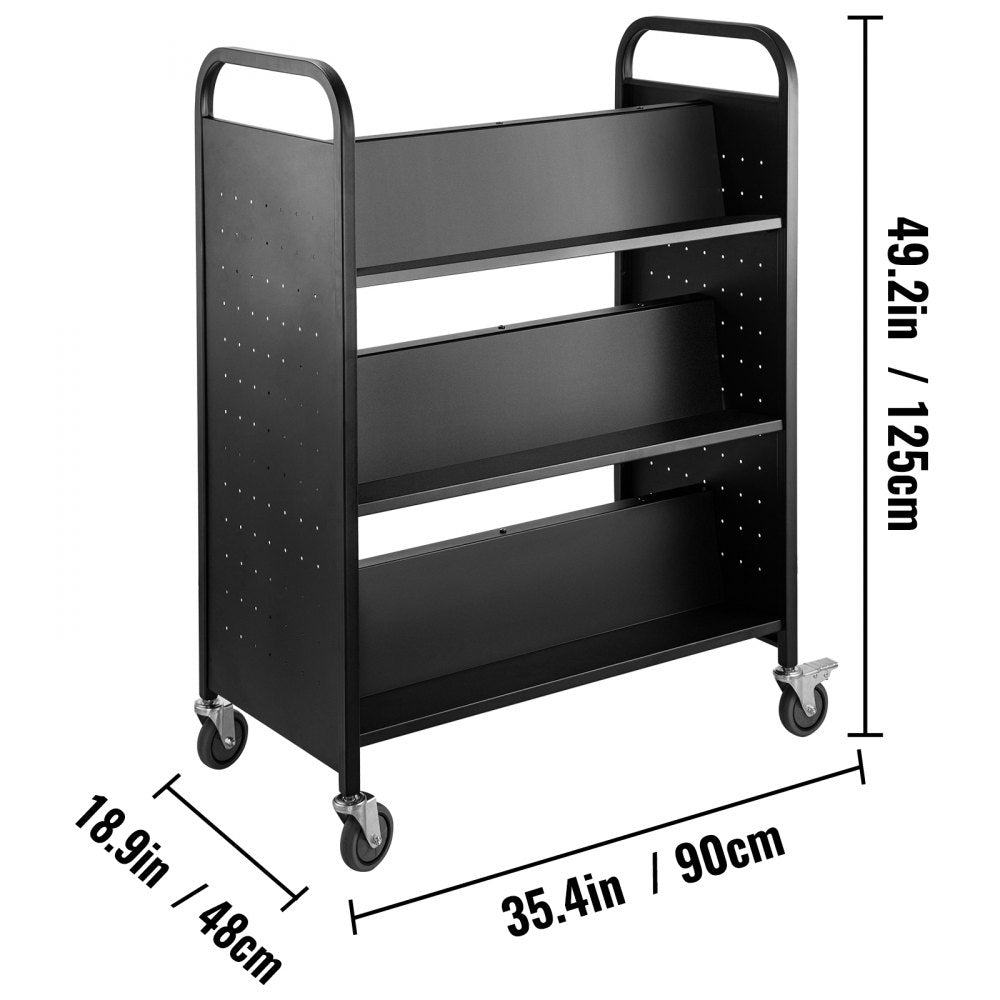 VEVOR 200LBS Book Cart, Library Cart 30x14x45 Inch, Rolling Book Cart Double Sided W-Shaped Sloped Shelves with 4 Inch Lockable Wheels, for Home Shelves Office and School Book Truck in Black 