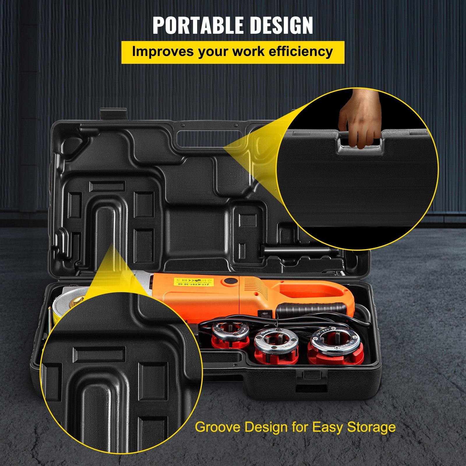 VEVOR Electric Pipe Threader, 2300W Pipe Threading Machine, Heavy-Duty Hand-Held Power Drive Kit, 110V Pipe Threader Machine Copper Motor, Portable Pipe Threader w/ 4 Dies 1/2"-1 1/4" & Carrying Case 