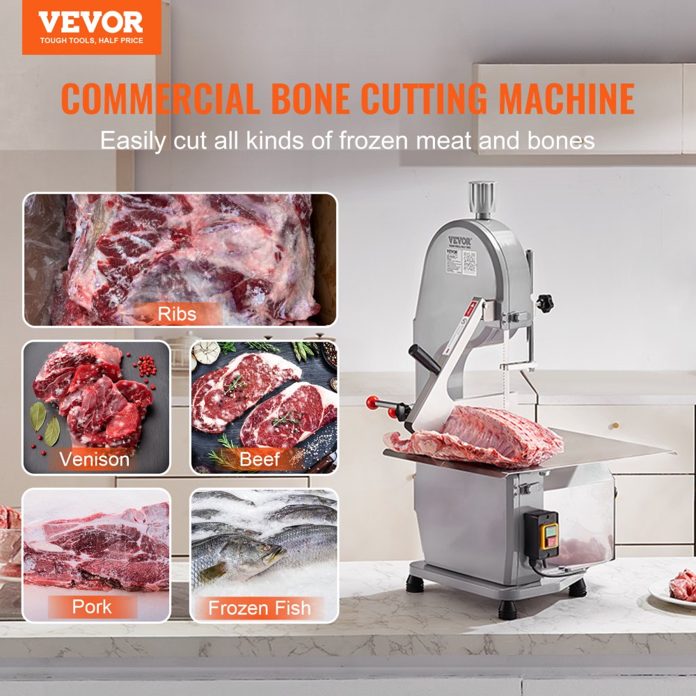 VEVOR Commercial Electric Meat Bandsaw, 1100W Stainless Steel Countertop Bone Sawing Machine, Workbeach 19.3" x 15", 0.16-7.9 Inch Cutting Thickness, Frozen Meat Cutter with 6 Blades for Rib Pork Beef 