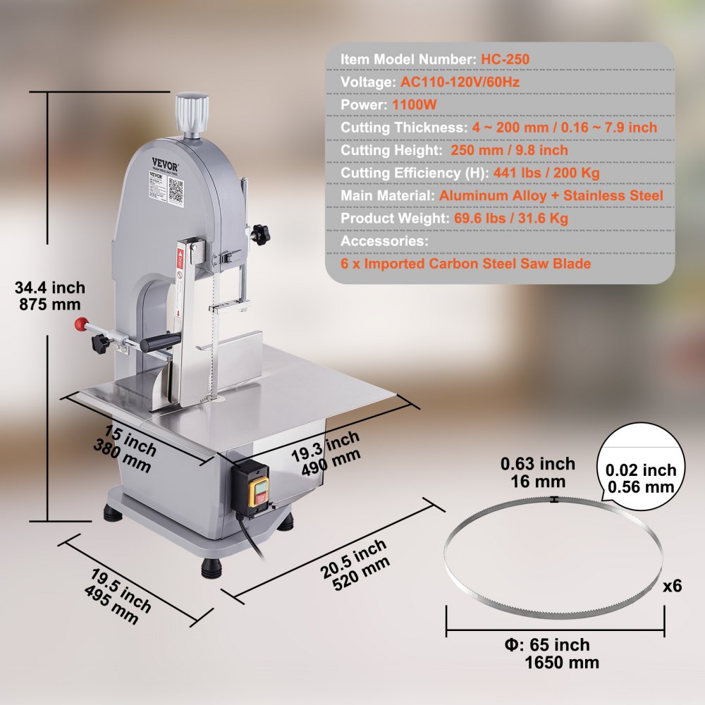 VEVOR Commercial Electric Meat Bandsaw, 1100W Stainless Steel Countertop Bone Sawing Machine, Workbeach 19.3" x 15", 0.16-7.9 Inch Cutting Thickness, Frozen Meat Cutter with 6 Blades for Rib Pork Beef 