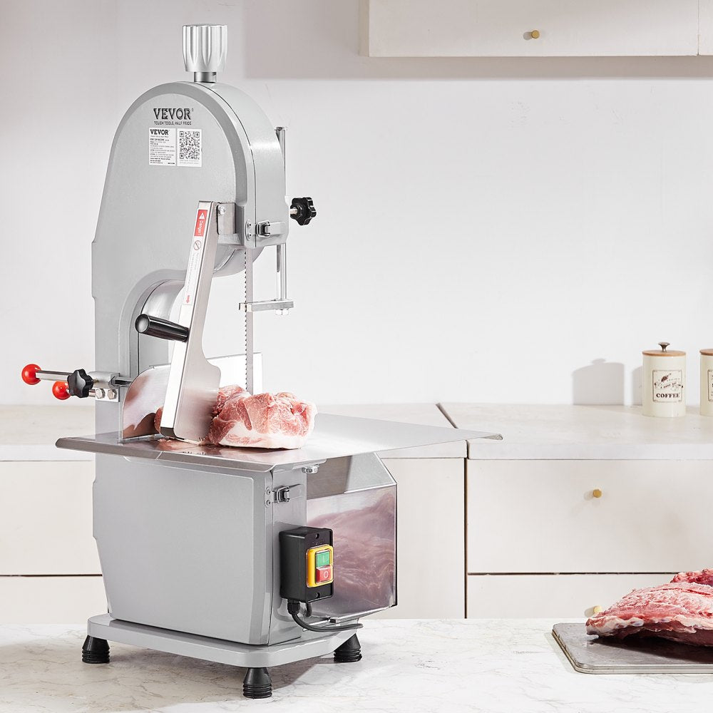 VEVOR Commercial Electric Meat Bandsaw, 1100W Stainless Steel Countertop Bone Sawing Machine, Workbeach 19.3" x 15", 0.16-7.9 Inch Cutting Thickness, Frozen Meat Cutter with 6 Blades for Rib Pork Beef 
