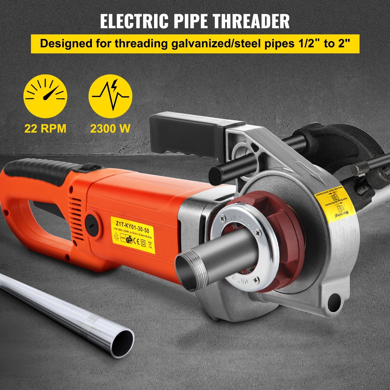 VEVOR Electric Pipe Threader, 2300W Pipe Threading Machine, Heavy-Duty Hand-Held Power Drive Kit, 110V Pipe Threader Machine Copper Motor, Portable Pipe Threader with 6 Dies 1/2"-2" and Carrying Case 