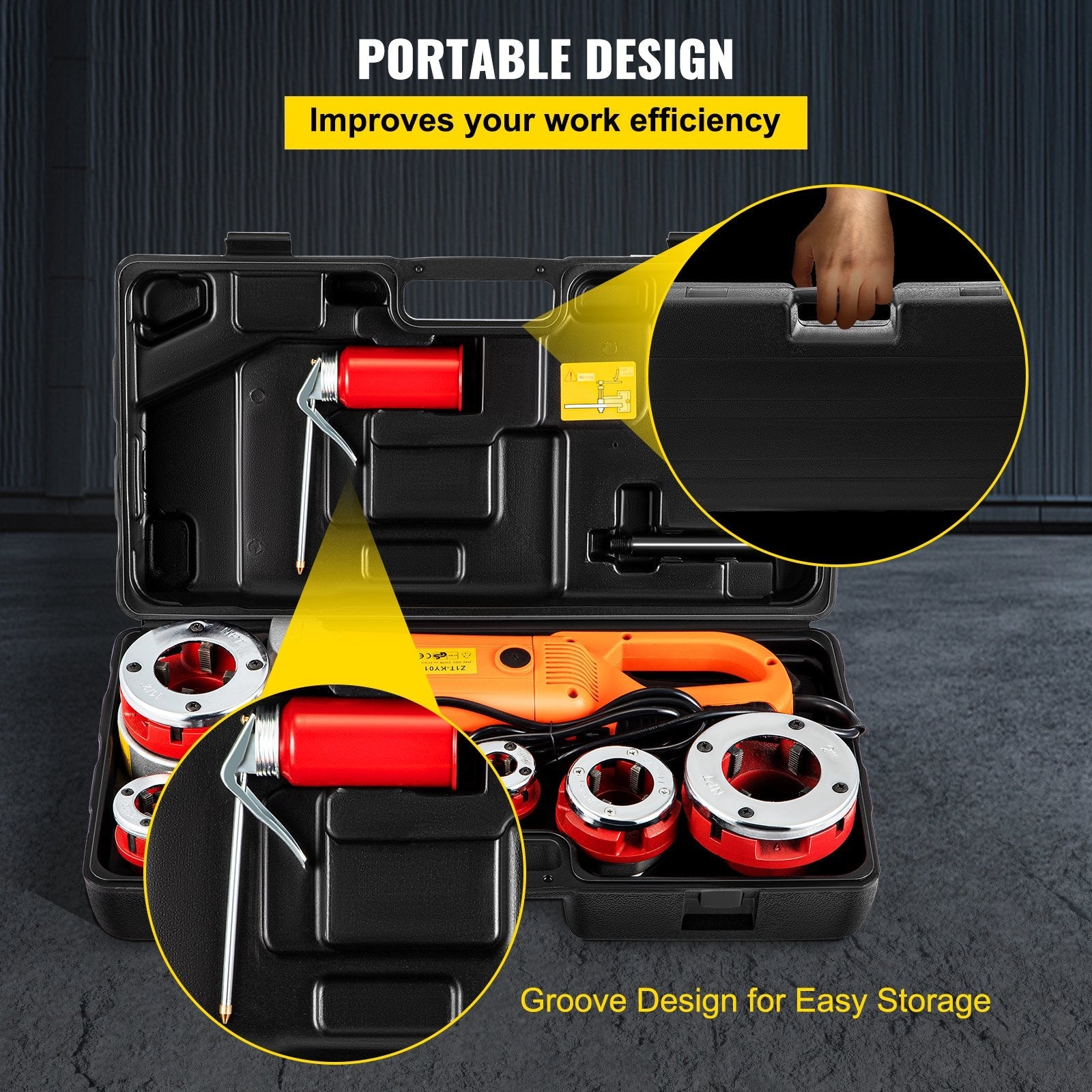 VEVOR Electric Pipe Threader, 2300W Pipe Threading Machine, Heavy-Duty Hand-Held Power Drive Kit, 110V Pipe Threader Machine Copper Motor, Portable Pipe Threader with 6 Dies 1/2"-2" and Carrying Case 