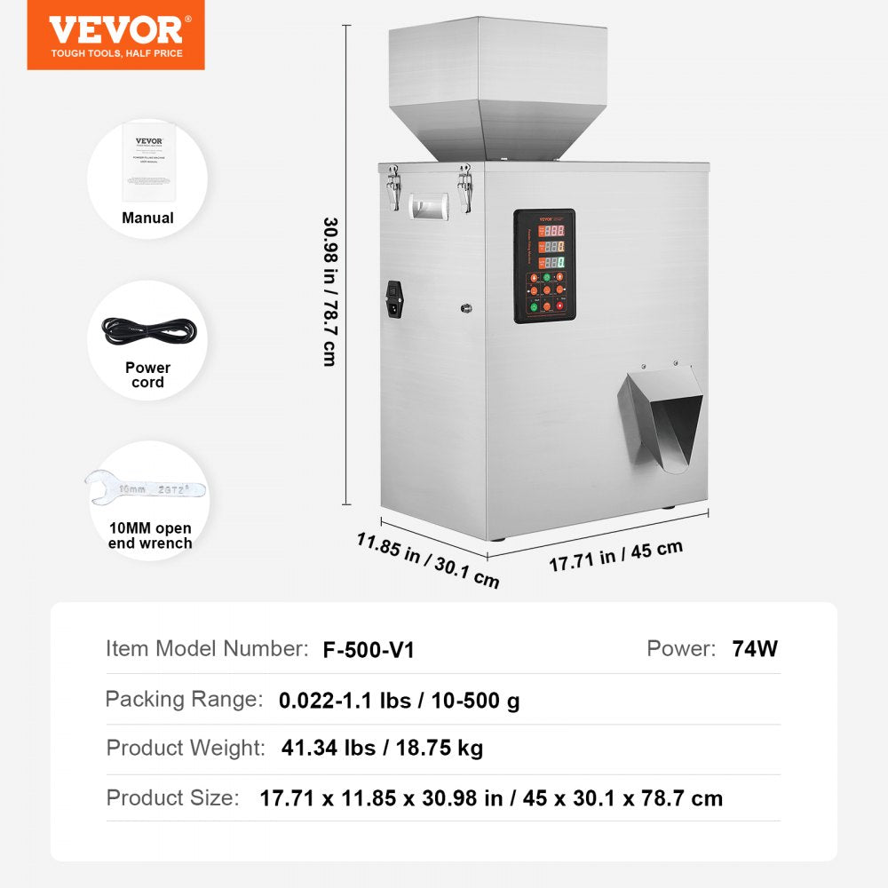 VEVOR Powder Filling Machine, 0.022-1.1lbs/10-500g, Automatic Intelligent Particle Weighing Filling Machine, Bottle Bag Powder Filler Particle Dispenser for Tea Seeds Grains Powder Flour Beans Glitter 