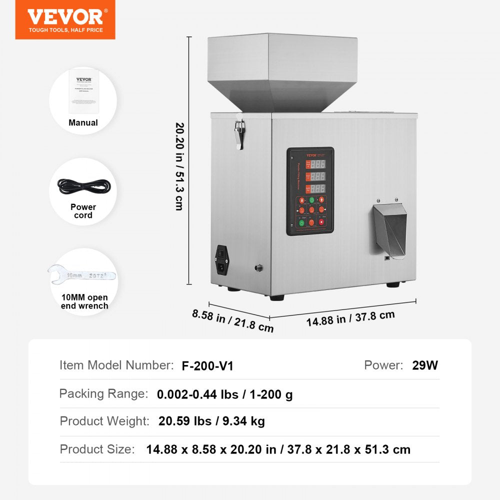 VEVOR Powder Filling Machine, 0.002-0.44lbs/1-200g, Automatic Intelligent Particle Weighing Filling Machine, Bottle Bag Powder Filler Particle Dispenser for Tea Seeds Grains Powder Flour Beans Glitter 