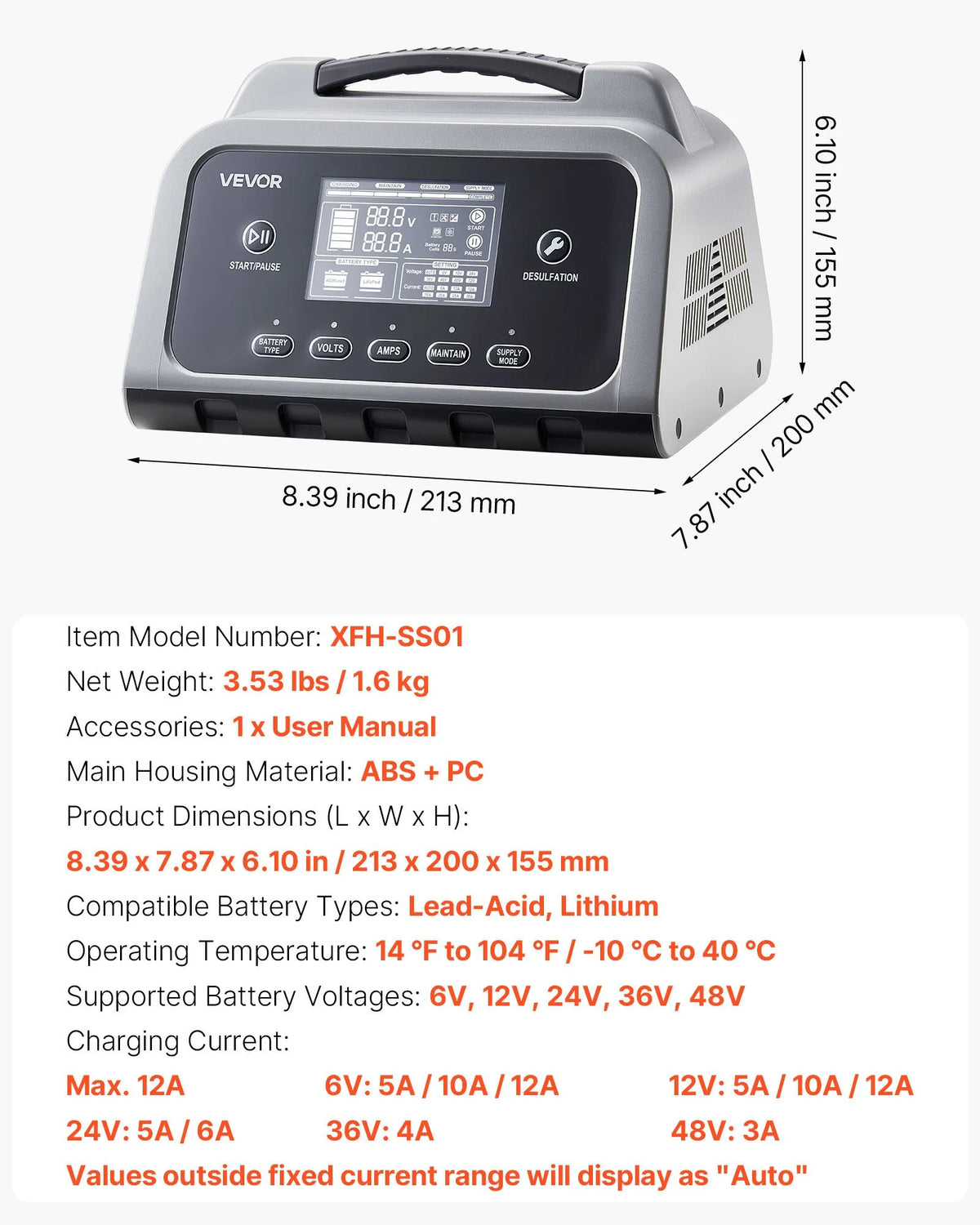 Smart Battery Charger – 12A/16A, 6V-72V LiFePO4 & Lead-Acid Battery Charger with LCD Display, Maintainer & Desulfator
