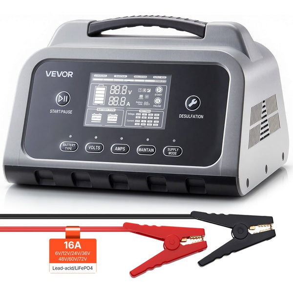 Smart Battery Charger – 12A/16A, 6V-72V LiFePO4 & Lead-Acid Battery Charger with LCD Display, Maintainer & Desulfator