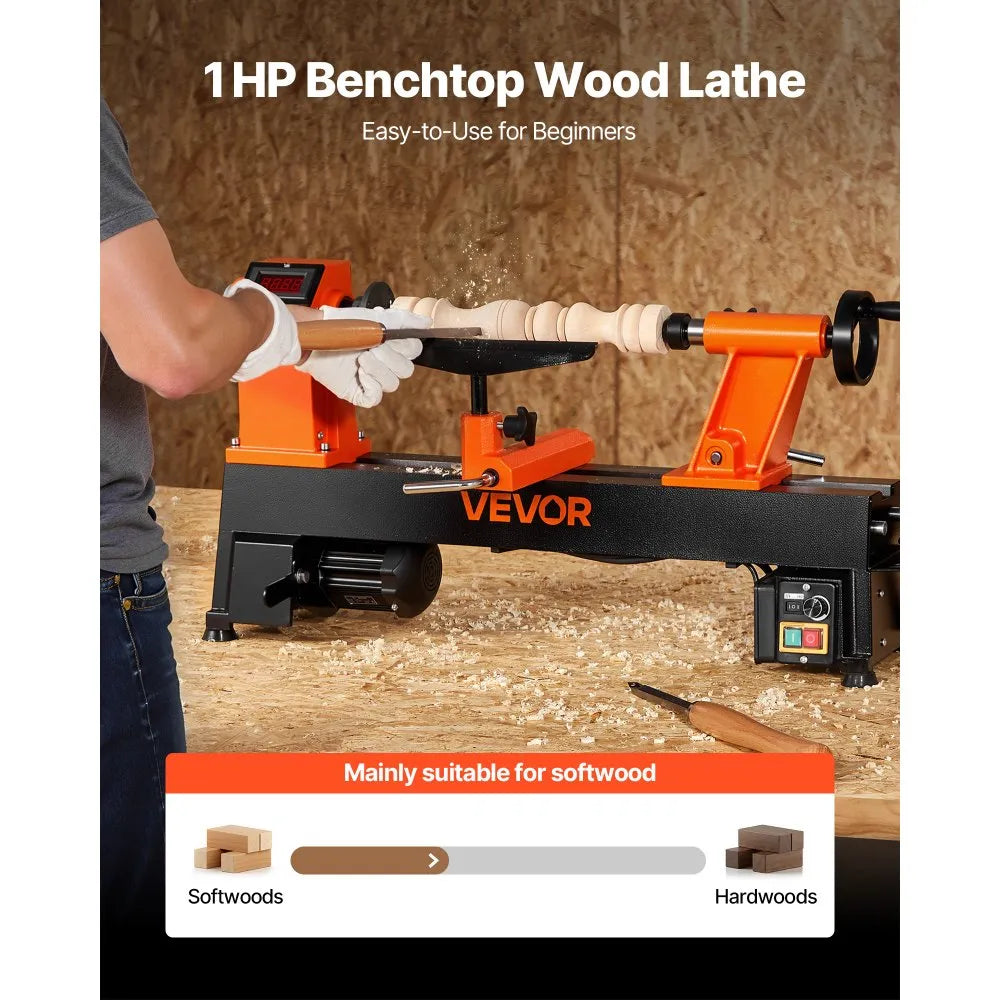 Woodworking Lathe, 1 HP, Benchtop Wood Lathe Machine with 0 to 3800 RPM Variable Speed, 12 x 18 in Workbench, Brushless DC Motor, Cast Iron Construction, for Beginner DIY Enthusiast Woodworking