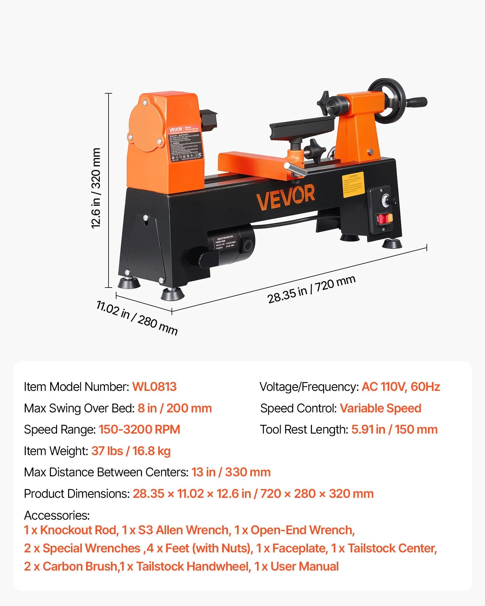 8" x 13" Mini Benchtop Wood Lathe, 1/3 HP Variable Speed Woodworking Lathe, 150–3200 RPM