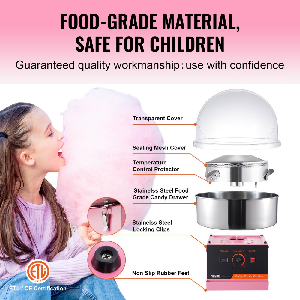 VEVOR Electric Cotton Candy Machine, 1000W Candy Floss Maker, Commercial Cotton Candy Machine with Cover, Stainless Steel Bowl, and Sugar Scoop, Perfect for Home Kids Birthday, Family Party (Pink) 