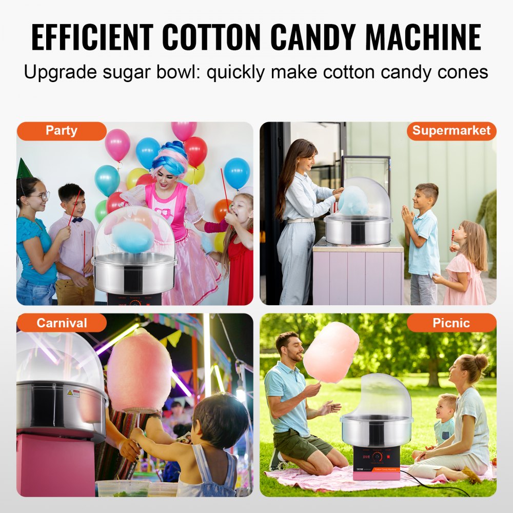 VEVOR Electric Cotton Candy Machine, 1000W Candy Floss Maker, Commercial Cotton Candy Machine with Cover, Stainless Steel Bowl, and Sugar Scoop, Perfect for Home Kids Birthday, Family Party (Pink) 