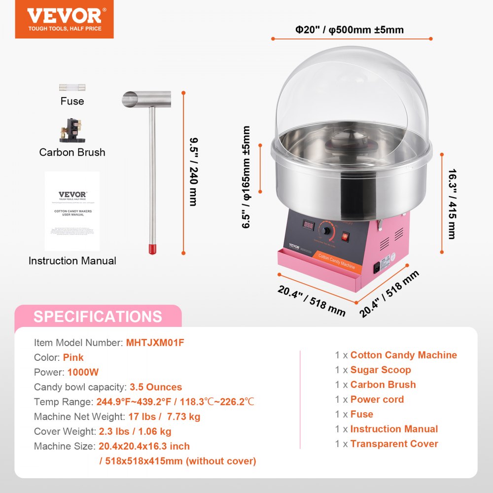 VEVOR Electric Cotton Candy Machine, 1000W Candy Floss Maker, Commercial Cotton Candy Machine with Cover, Stainless Steel Bowl, and Sugar Scoop, Perfect for Home Kids Birthday, Family Party (Pink) 