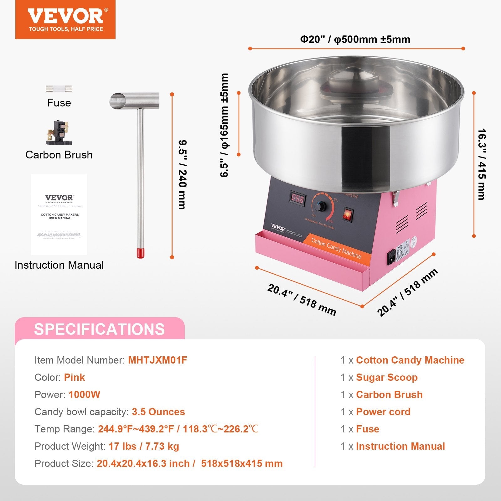 VEVOR Electric Cotton Candy Machine, 1000W Candy Floss Maker, Commercial Cotton Candy Machine with Stainless Steel Bowl, and Sugar Scoop, Perfect for Home Kids Birthday, Family Party (Pink) 