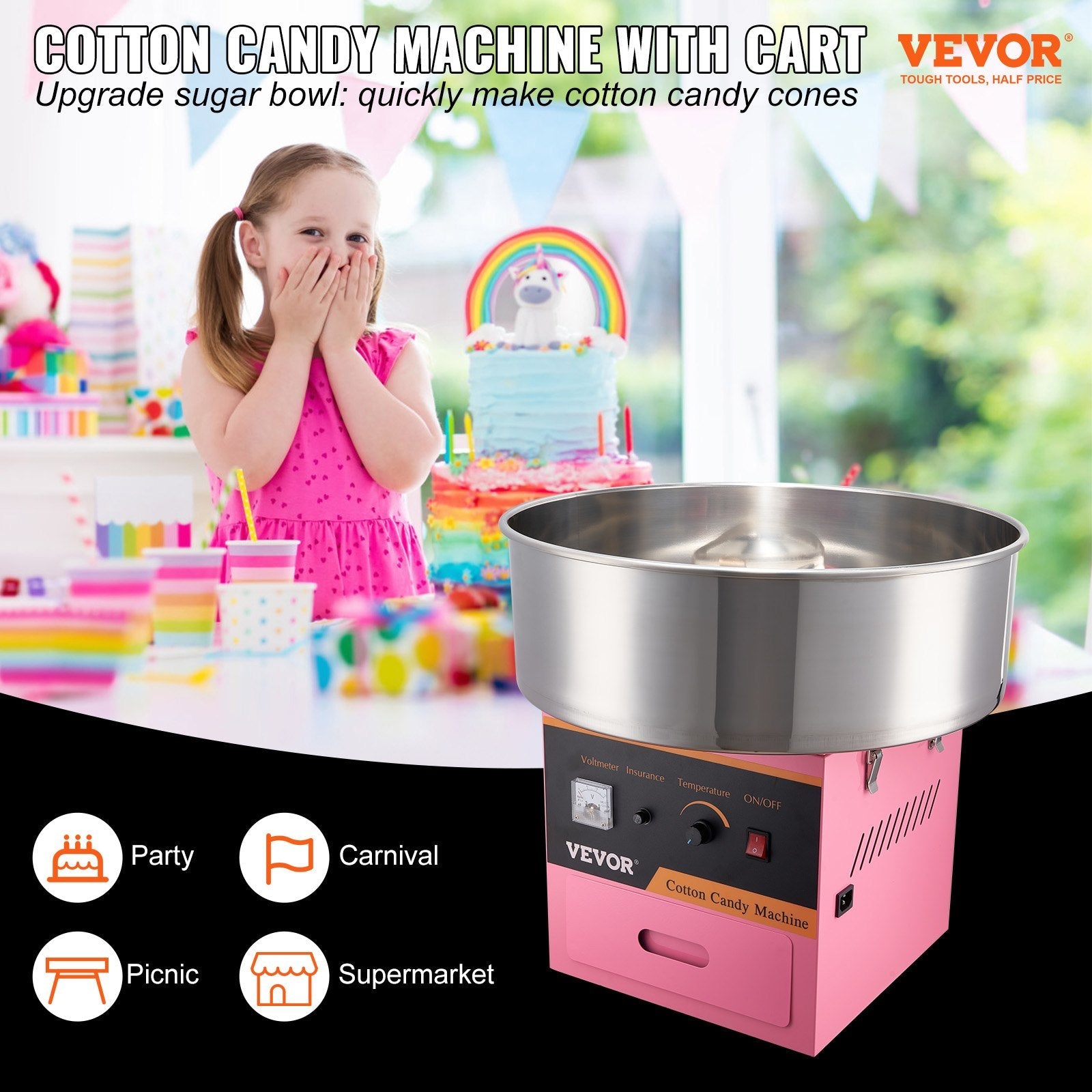 VEVOR Electric Cotton Candy Machine, 1000W Candy Floss Maker, Commercial Cotton Candy Machine with Stainless Steel Bowl, Sugar Scoop, and Drawer, Perfect for Home Kids Birthday, Family Party Pink 