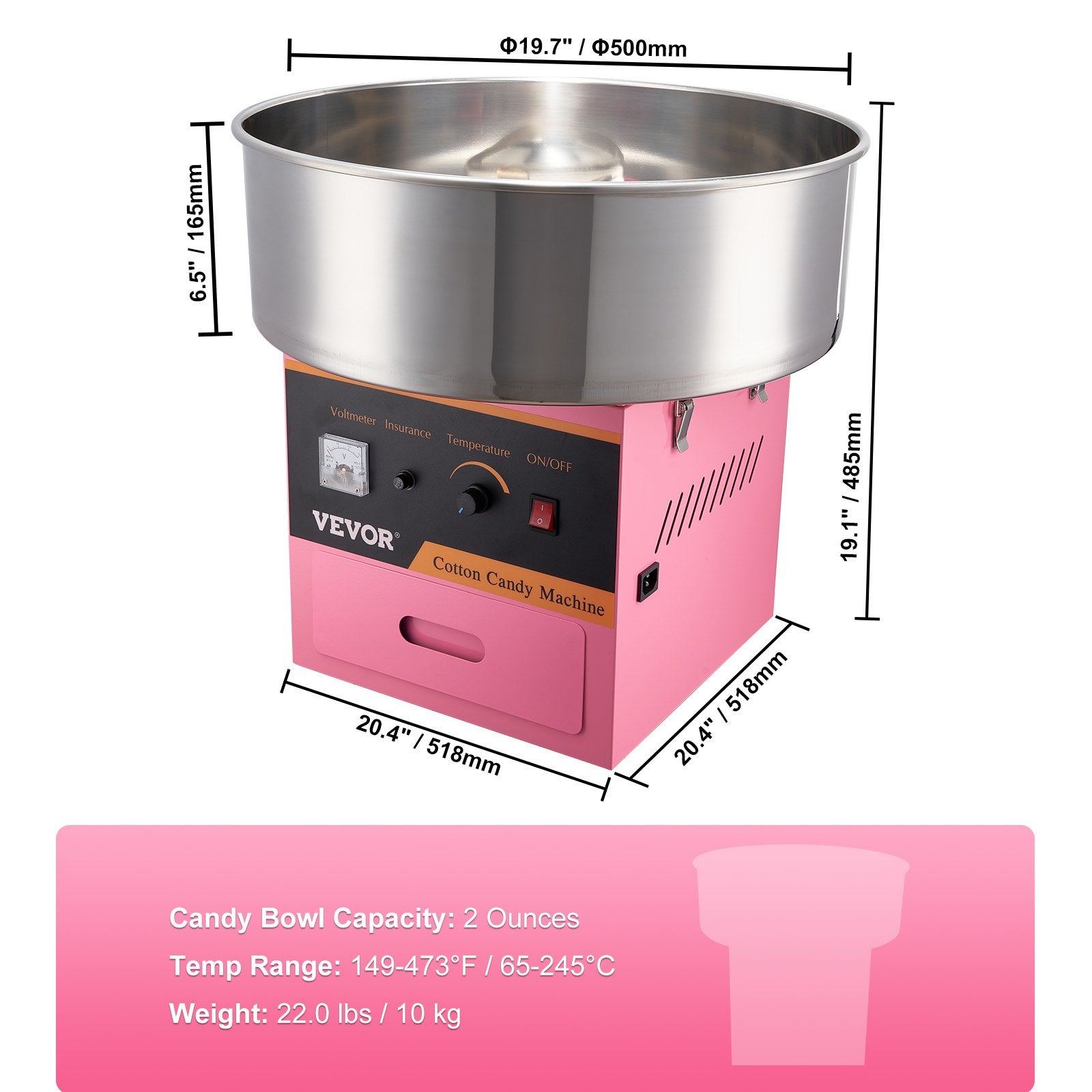 VEVOR Electric Cotton Candy Machine, 1000W Candy Floss Maker, Commercial Cotton Candy Machine with Stainless Steel Bowl, Sugar Scoop, and Drawer, Perfect for Home Kids Birthday, Family Party Pink 