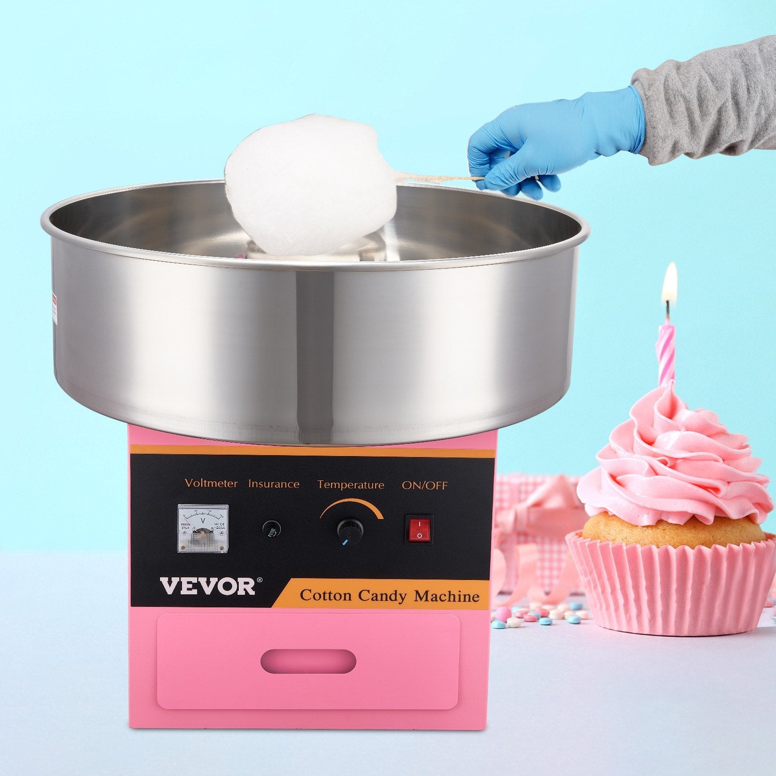 VEVOR Electric Cotton Candy Machine, 1000W Candy Floss Maker, Commercial Cotton Candy Machine with Stainless Steel Bowl, Sugar Scoop, and Drawer, Perfect for Home Kids Birthday, Family Party Pink 