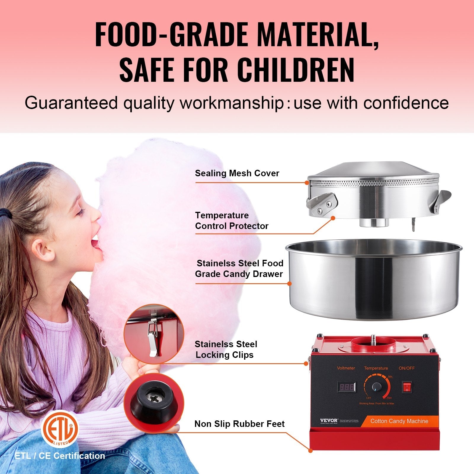 VEVOR Electric Cotton Candy Machine, 1000W Candy Floss Maker, Commercial Cotton Candy Machine with Stainless Steel Bowl, and Sugar Scoop, Perfect for Home Kids Birthday, Family Party (Red) 