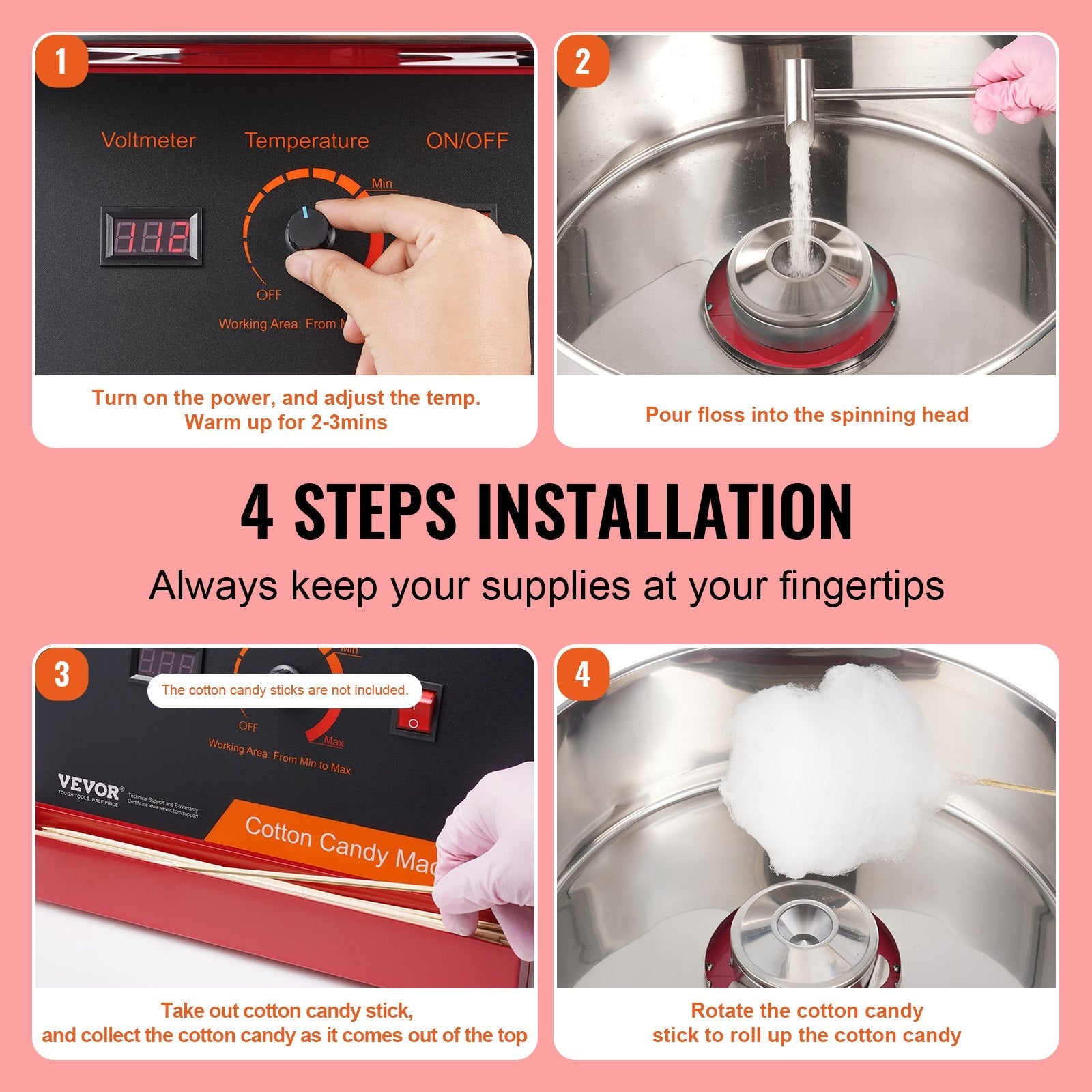 VEVOR Electric Cotton Candy Machine, 1000W Candy Floss Maker, Commercial Cotton Candy Machine with Stainless Steel Bowl, and Sugar Scoop, Perfect for Home Kids Birthday, Family Party (Red) 