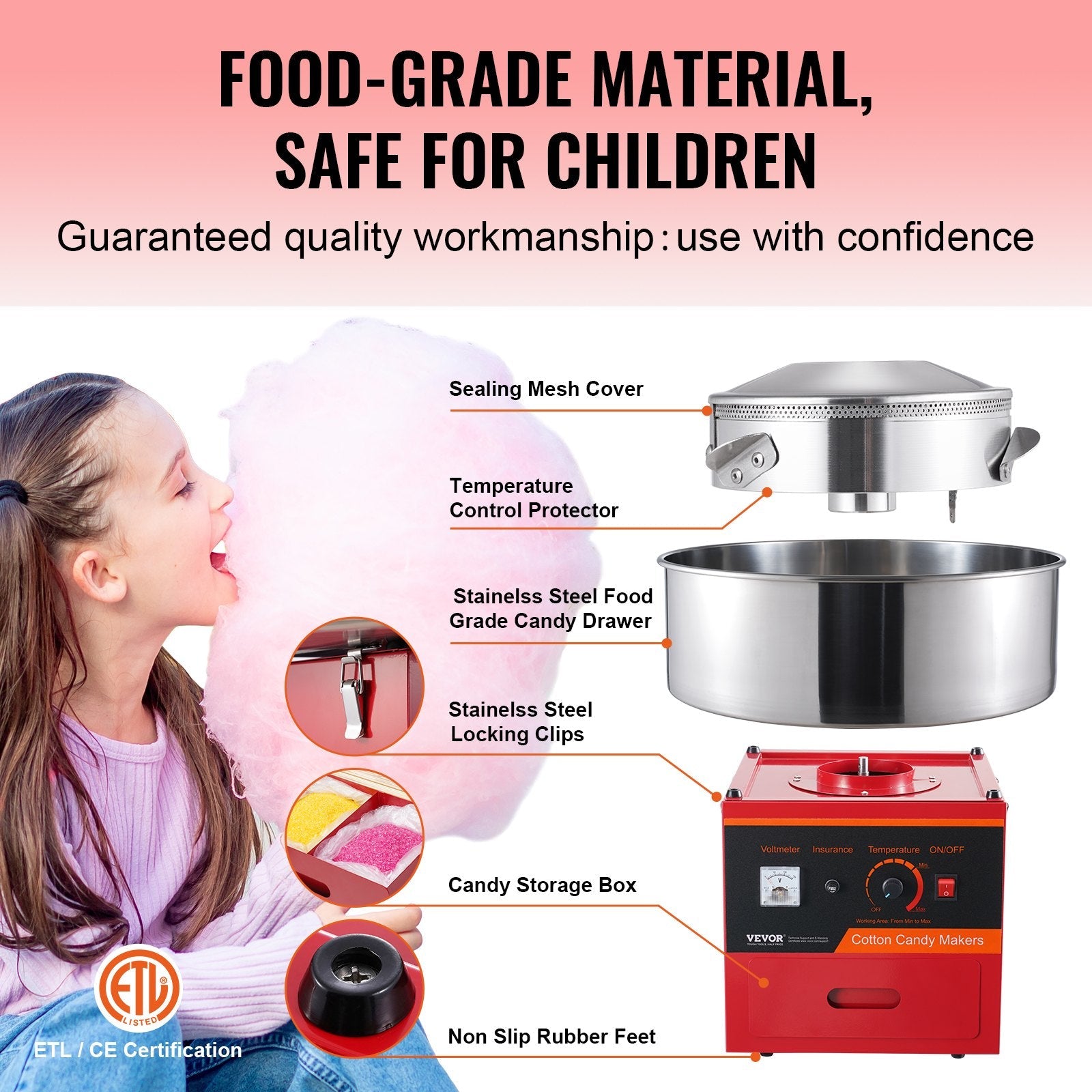 VEVOR Electric Cotton Candy Machine, 1000W Candy Floss Maker, Commercial Cotton Candy Machine with Stainless Steel Bowl, Sugar Scoop, and Drawer, Perfect for Home Kids Birthday, Family Party, Red 