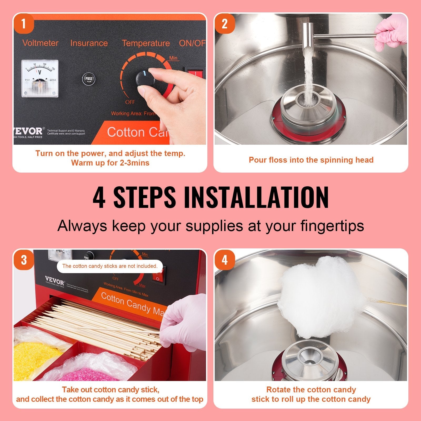 VEVOR Electric Cotton Candy Machine, 1000W Candy Floss Maker, Commercial Cotton Candy Machine with Stainless Steel Bowl, Sugar Scoop, and Drawer, Perfect for Home Kids Birthday, Family Party, Red 