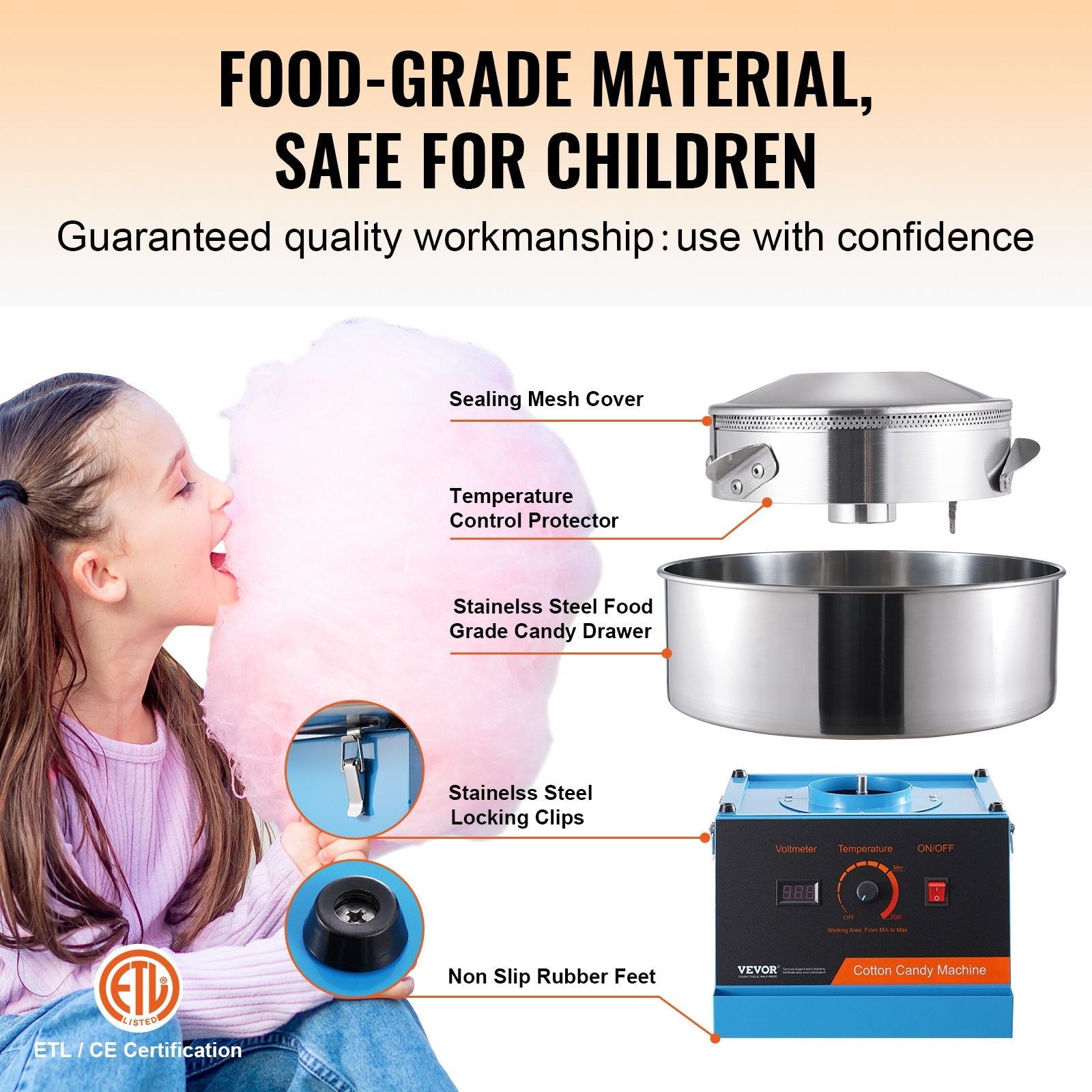 VEVOR Electric Cotton Candy Machine, 1000W Candy Floss Maker, Commercial Cotton Candy Machine with Stainless Steel Bowl, and Sugar Scoop, Perfect for Home Kids Birthday, Family Party (Blue) 