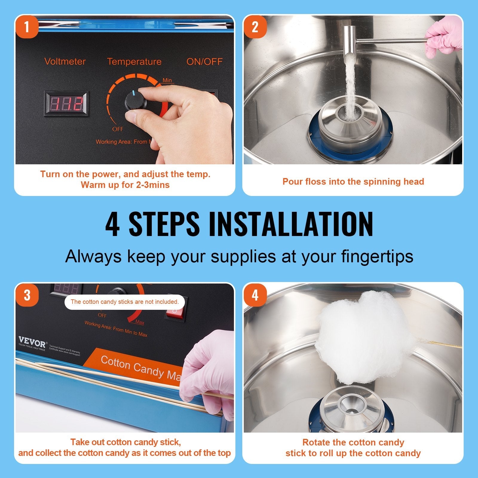 VEVOR Electric Cotton Candy Machine, 1000W Candy Floss Maker, Commercial Cotton Candy Machine with Stainless Steel Bowl, and Sugar Scoop, Perfect for Home Kids Birthday, Family Party (Blue) 