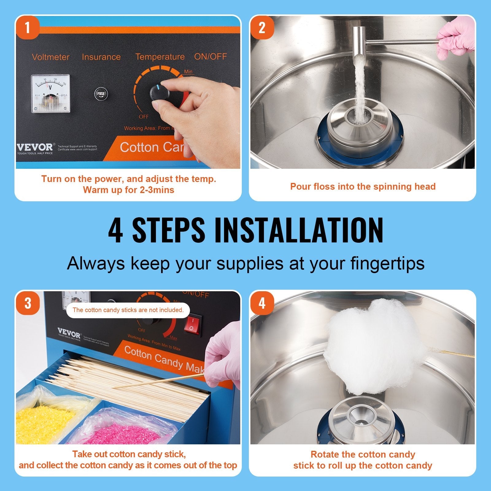 VEVOR Electric Cotton Candy Machine, 1000W Candy Floss Maker, Commercial Cotton Candy Machine with Stainless Steel Bowl, Sugar Scoop, and Drawer, Perfect for Home Kids Birthday, Family Party, Blue 