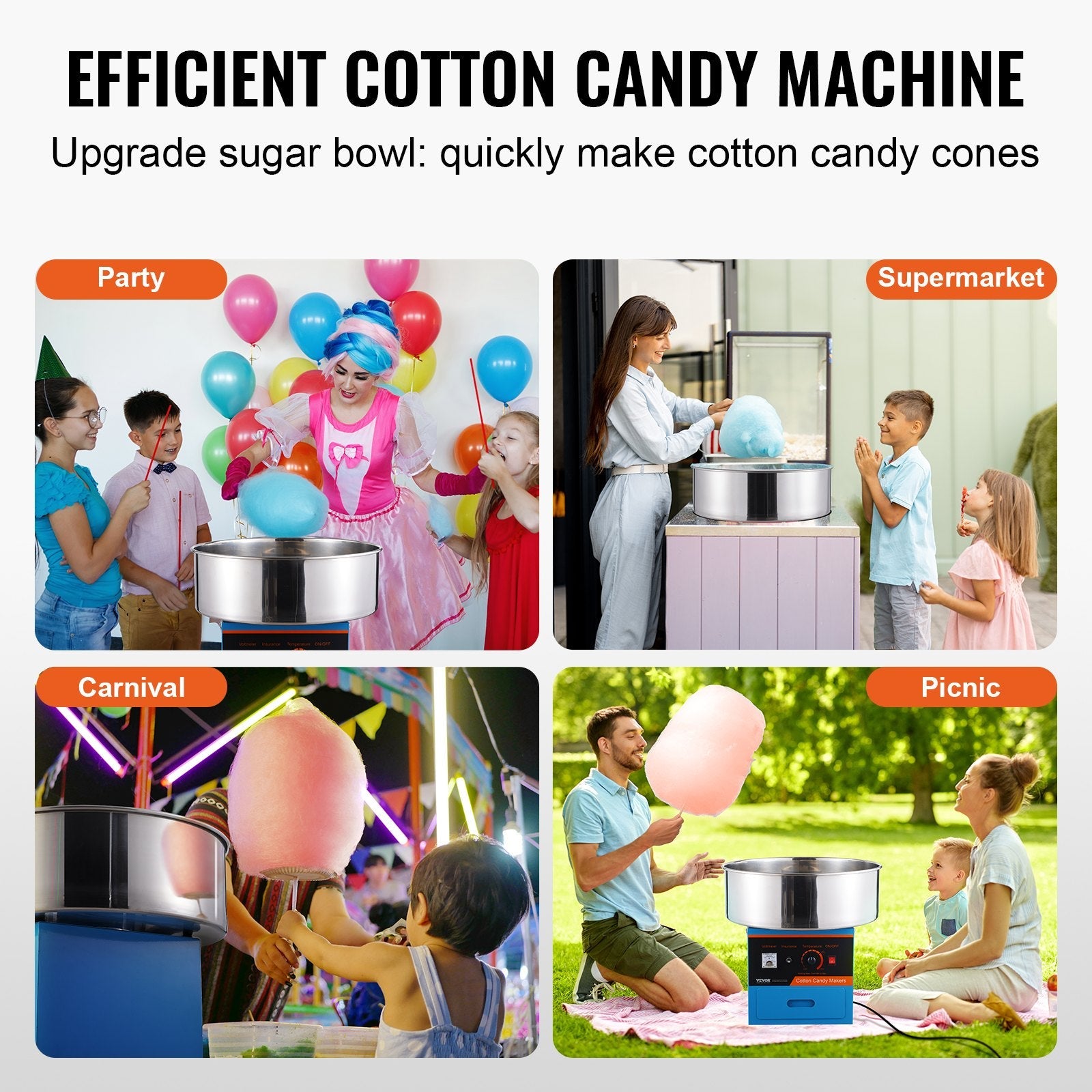 VEVOR Electric Cotton Candy Machine, 1000W Candy Floss Maker, Commercial Cotton Candy Machine with Stainless Steel Bowl, Sugar Scoop, and Drawer, Perfect for Home Kids Birthday, Family Party, Blue 