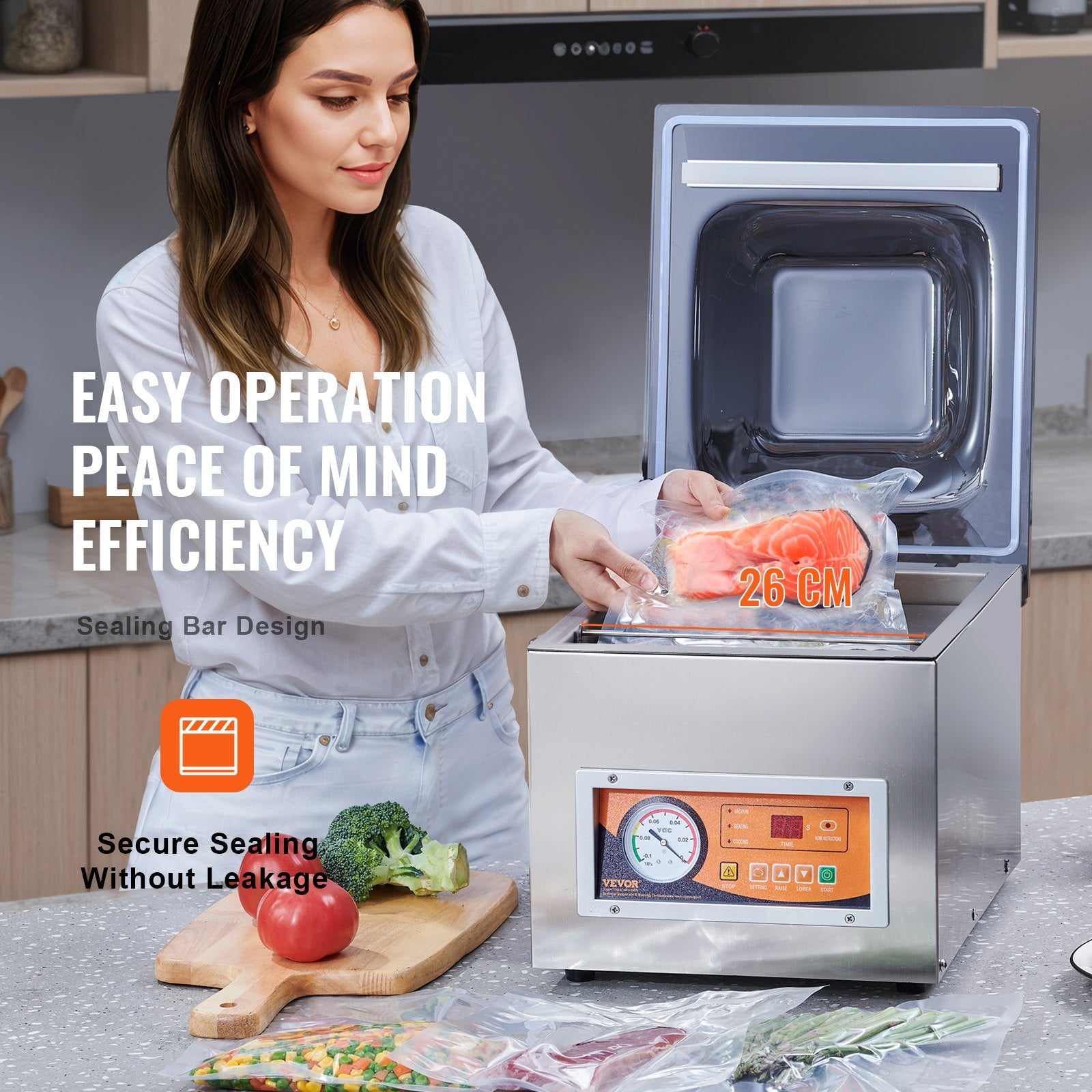 VEVOR Chamber Vacuum Sealer, 260W Sealing Power, Vacuum Packing Machine for Wet Foods, Meats, Marinades and More, Compact Size with 10.2" Sealing Length, Applied in Home Kitchen and Commercial Use 