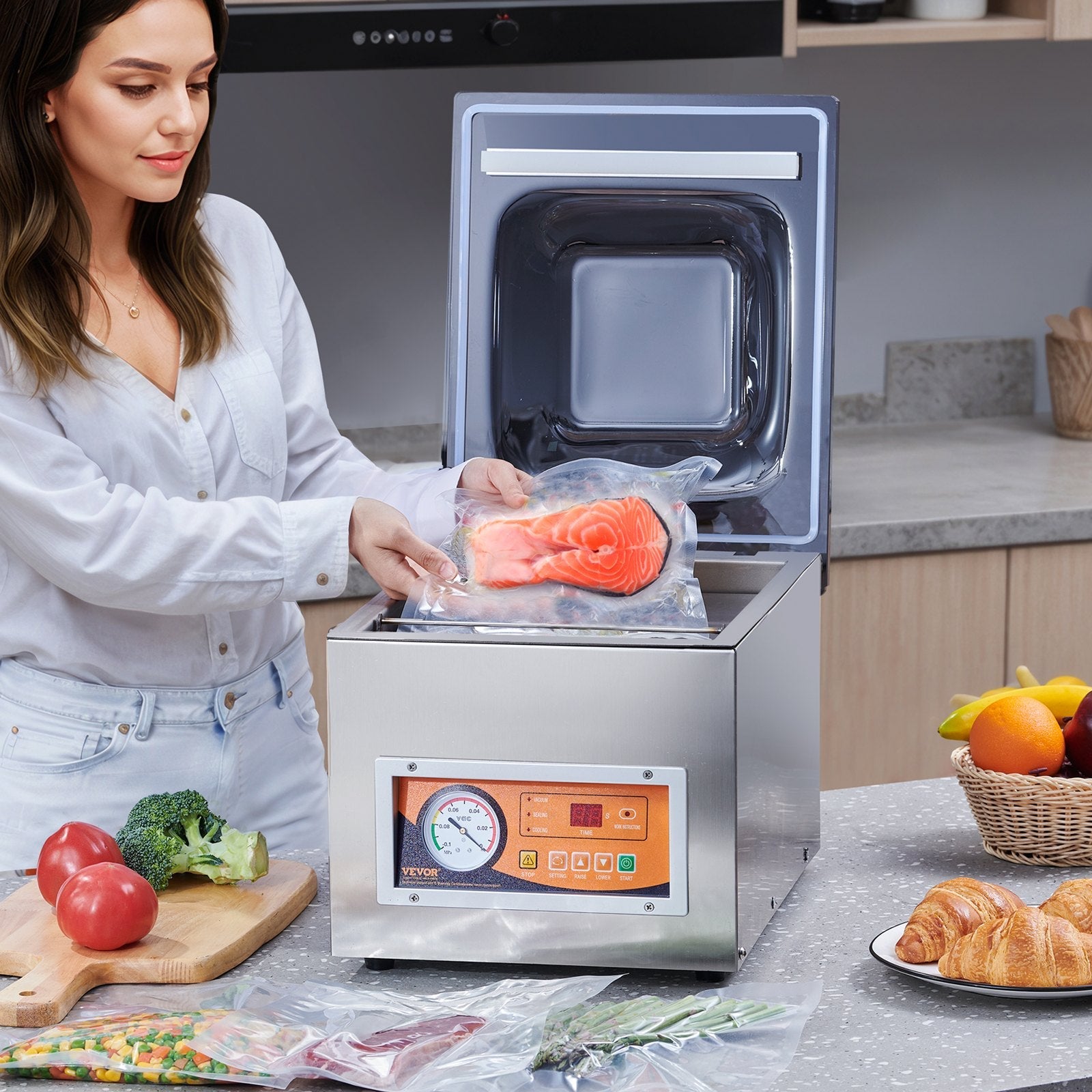 VEVOR Chamber Vacuum Sealer, 260W Sealing Power, Vacuum Packing Machine for Wet Foods, Meats, Marinades and More, Compact Size with 10.2" Sealing Length, Applied in Home Kitchen and Commercial Use 