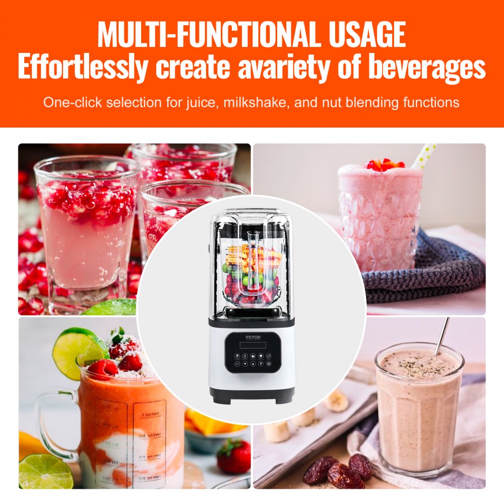 VEVOR Professional Blender with Shield, Commercial Countertop Blenders, 68 oz Jar Blender Combo, Stainless Steel 9 Speed & 5 Functions Blender, for Shakes, Smoothies, Peree, and Crush Ice, White 